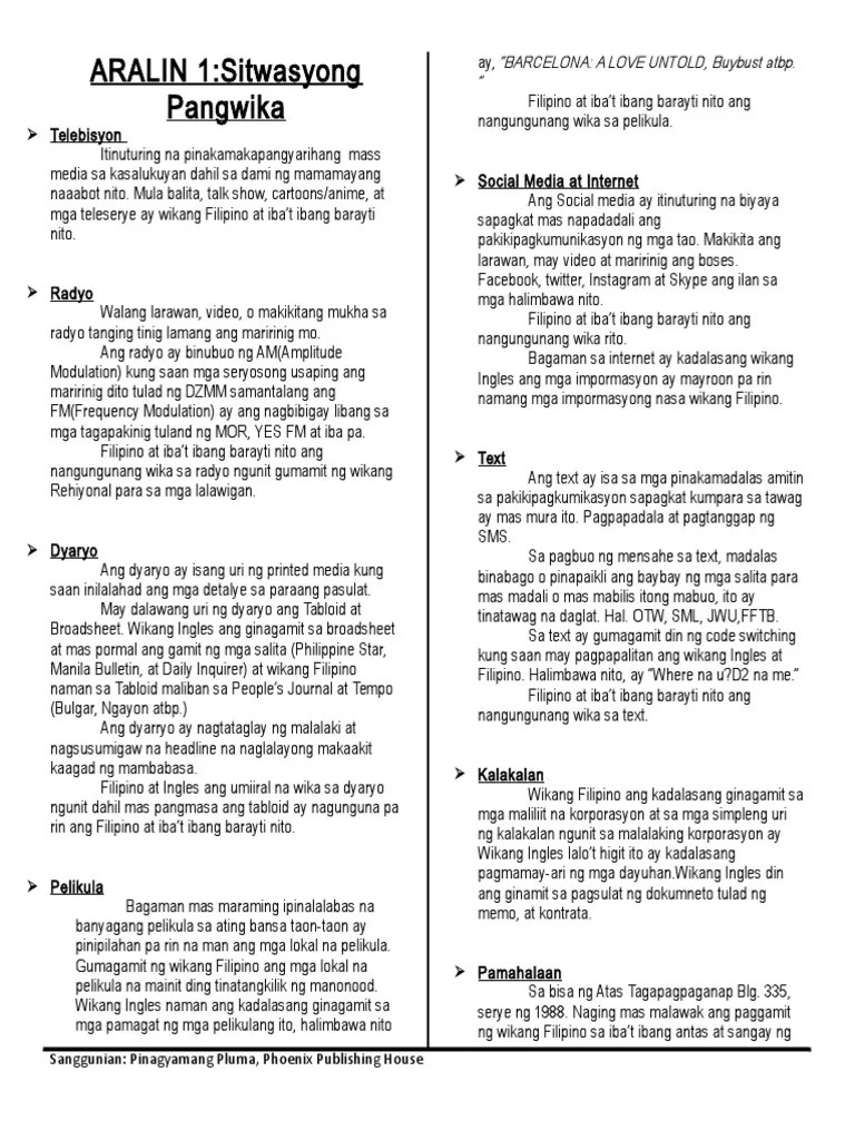 Pagtingin sa pamagat, heading at subheading b. Aralin 1 Sitwasyong Pangwika Pdf