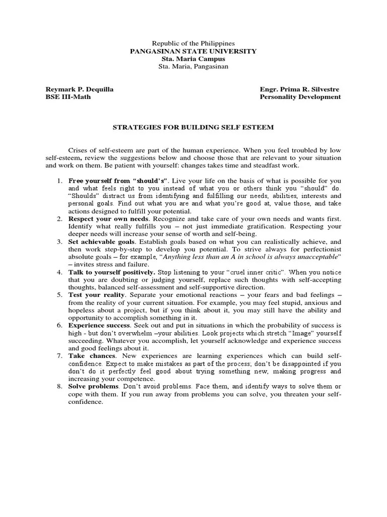 Strategies Of Building Self-Esteem | PDF | Perfectionism (Psychology ...
