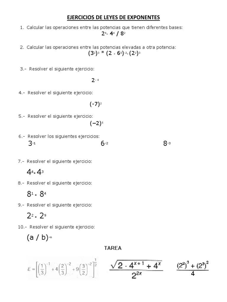 Ejercicios De Leyes De Exponentes | PDF