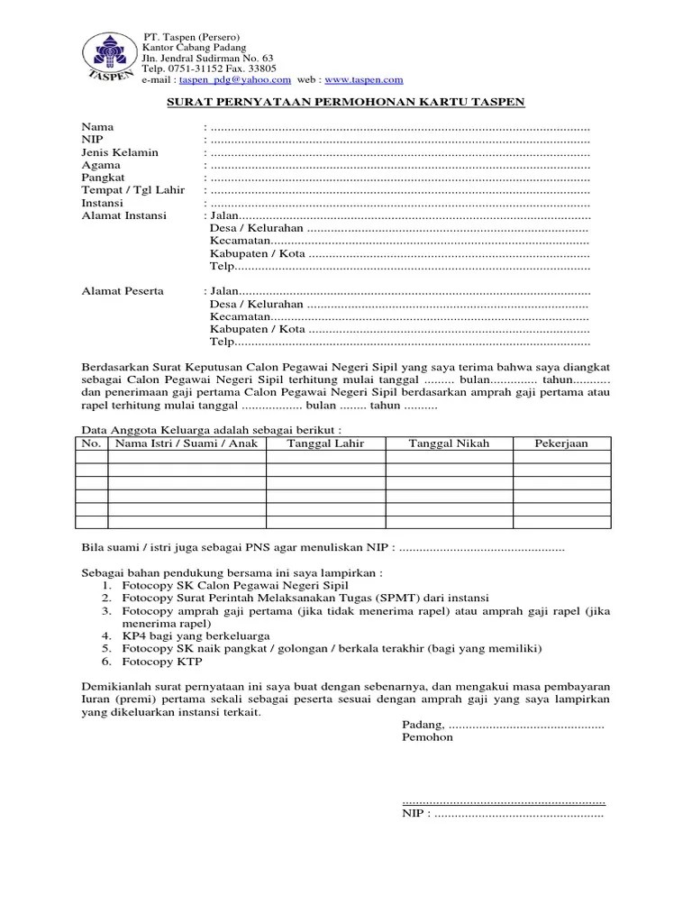 Daftar gaji dan daftar permintaan pembayaran belanja pegawai lainnya,. Surat Permohonan Taspen Pdf