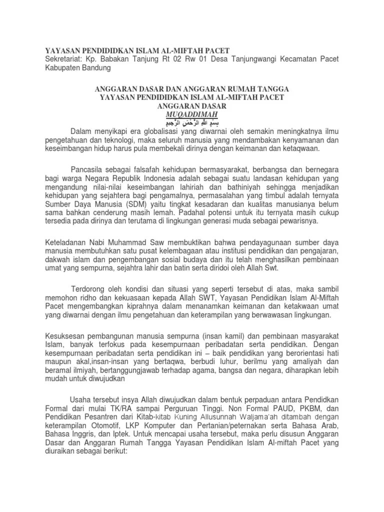 Contoh Anggaran Dasar Yayasan Sosial Keagamaan Pdf Pdf ANGGARAN DASAR DAN ANGGARAN RUMAH TANGGA AD-ART PONDOK PESANTREN ASYROFUDDIN CIPICUNG PESANTREN-CONGGEANG-SUMEDANG BAB I NAMA TEMPAT KEDUDUKAN DAN JANGKA WAKTU Pasal 1 Pondok pesantren ini pada awalnya bernama Pesantren Ardli Sela Singa Naga sejak tahun 1846 sampai dengan 1965.