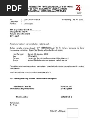Berikut contoh surat undangan acara malam tirakatan hari kemerdekaan (hut ri) 17 agustus yang simpel dan cocok dijadikan referensi acaramu. Surat Undangan Tirakatan 17 Agustusan Pdf