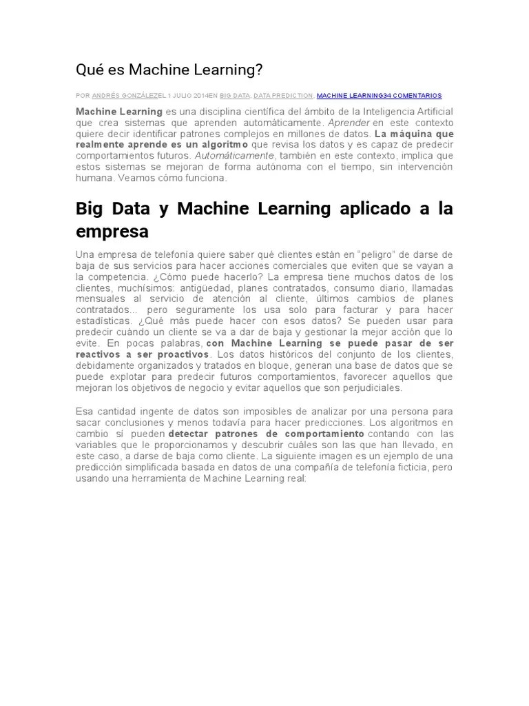 Machine Learning | PDF | Aprendizaje Automático | Big Data