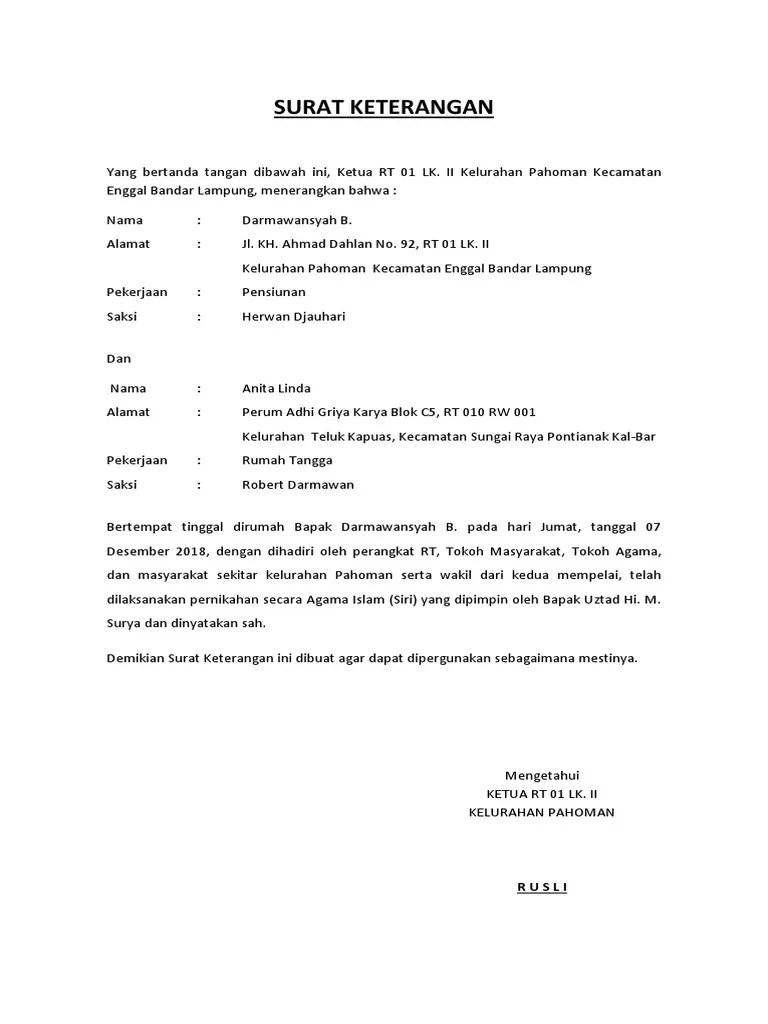 Surat keterangan nikah siri ini mempunyai fungsi dan manfaat sebagai alat validitas dari pernikahan yanng anda jalankan. Surat Keterangan Nikah Siri Pdf