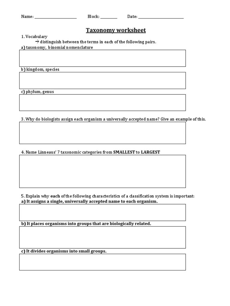 Classification of living things worksheet answers. Taxonomy Worksheet 1 Pdf Genus Taxonomy Biology