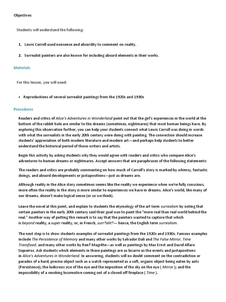 Lesson Plan | PDF | Alice (Alice's Adventures In Wonderland) | Dream