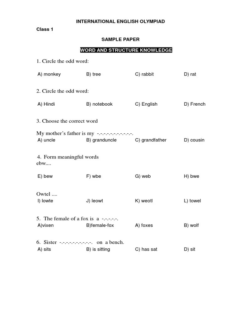 International English Olympiad Class 1 Sample Paper: Word And Structure Knowledge | PDF
