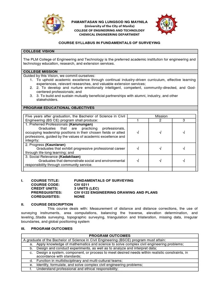 Civ 0211 Fundamentals Of Surveying Syllabus | PDF | Surveying | Engineering