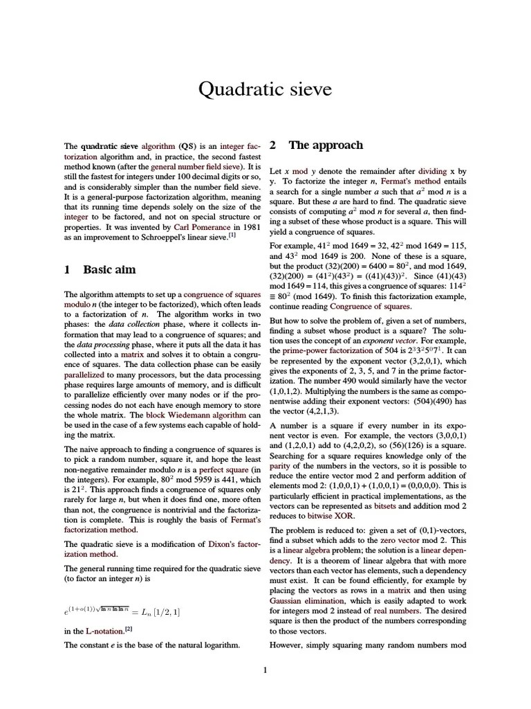 Quadratic Sieve | PDF | Factorization | Abstract Algebra