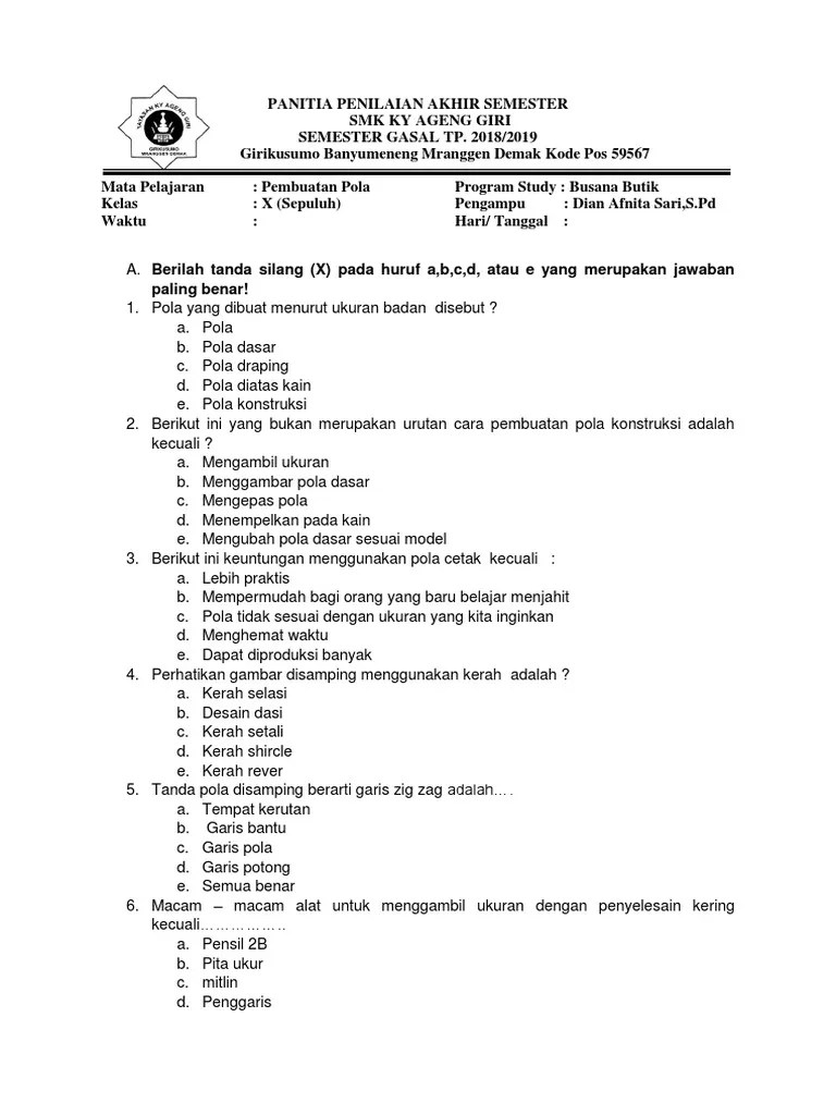 Download 40 soal uts kelas 8 semester 2. Contoh Soal Desain Busana Kelas 10 Beserta Jawabannya