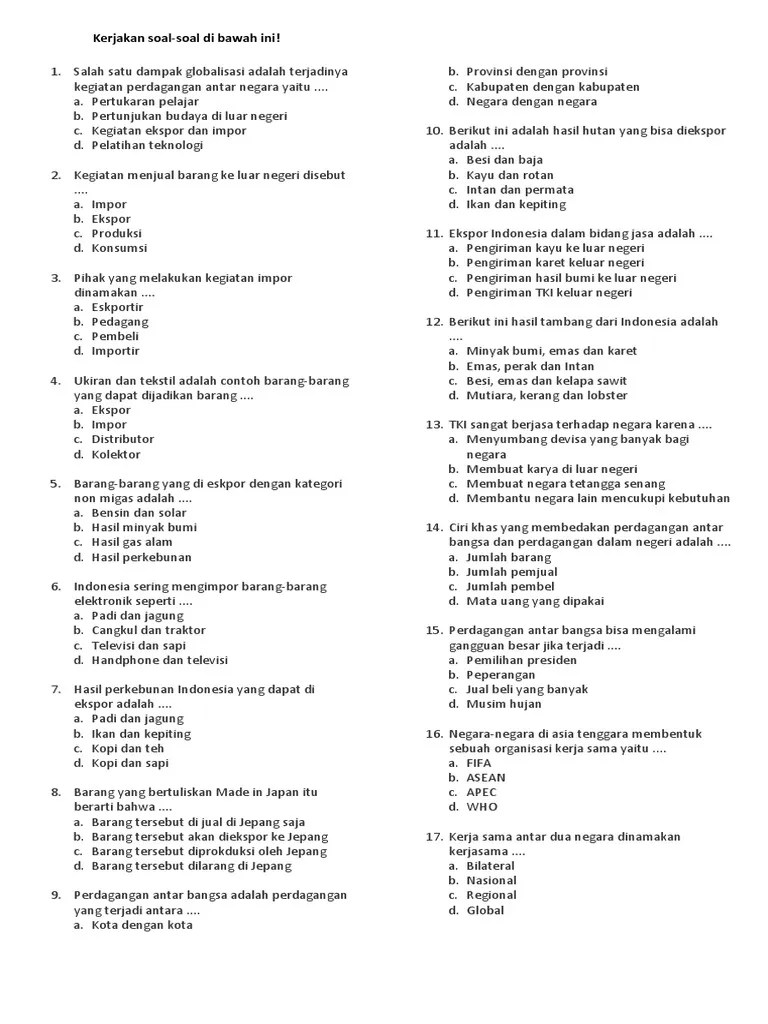 Soal Ekspor Dan Impor, Kewirausahaan Kelas 6 | PDF
