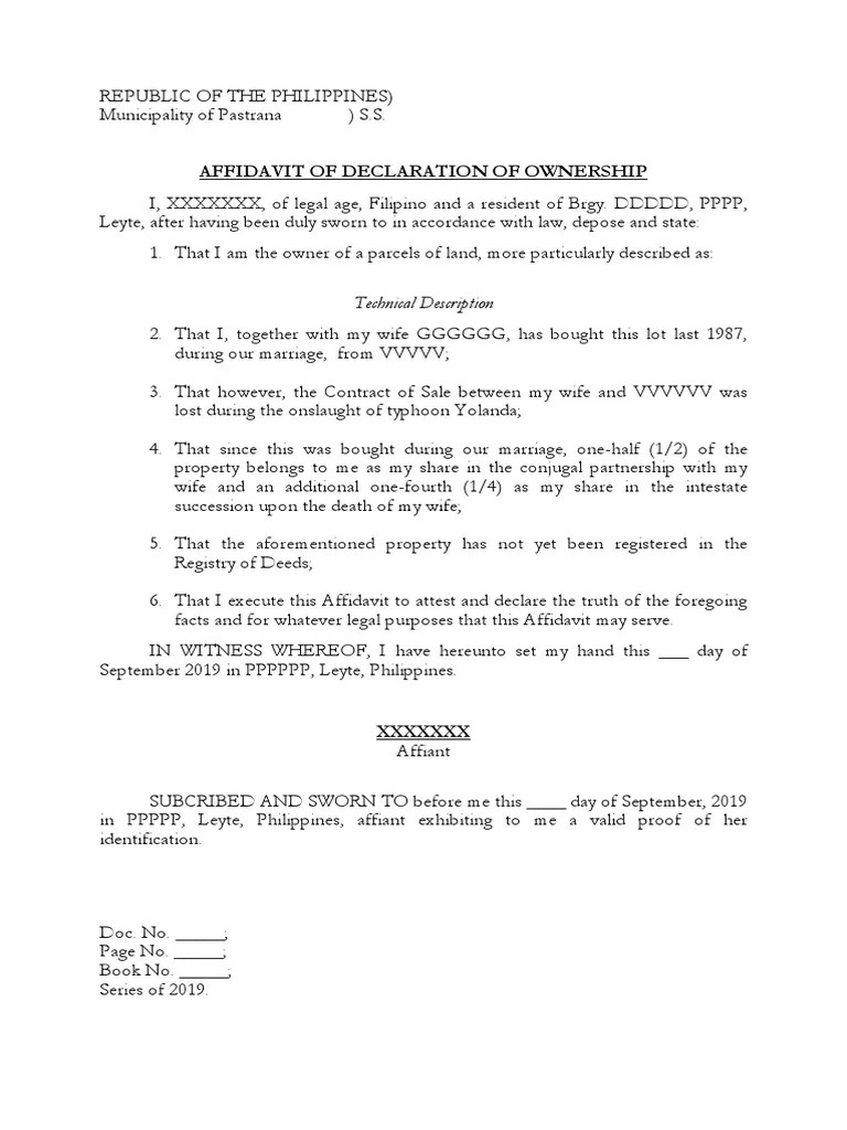 Affidavit Of Declaration Of Ownership Sample | PDF