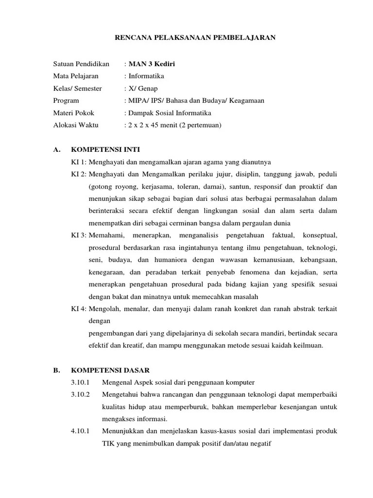 2 lansung saja simak pembahasan di bawah ini. Rpp Dampak Sosial Informatika Kelas X