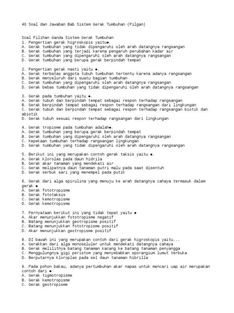 40 Soal Dan Jawaban Bab Sistem Gerak Tumbuhan (Pilgan) | PDF