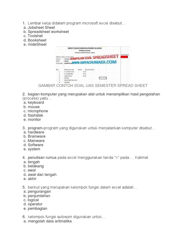 Soal aplikasi pengolah angka kelas x semester 2 beserta jawabannya. Gambar Contoh Soal Uas Semester Spread Sheet Pdf