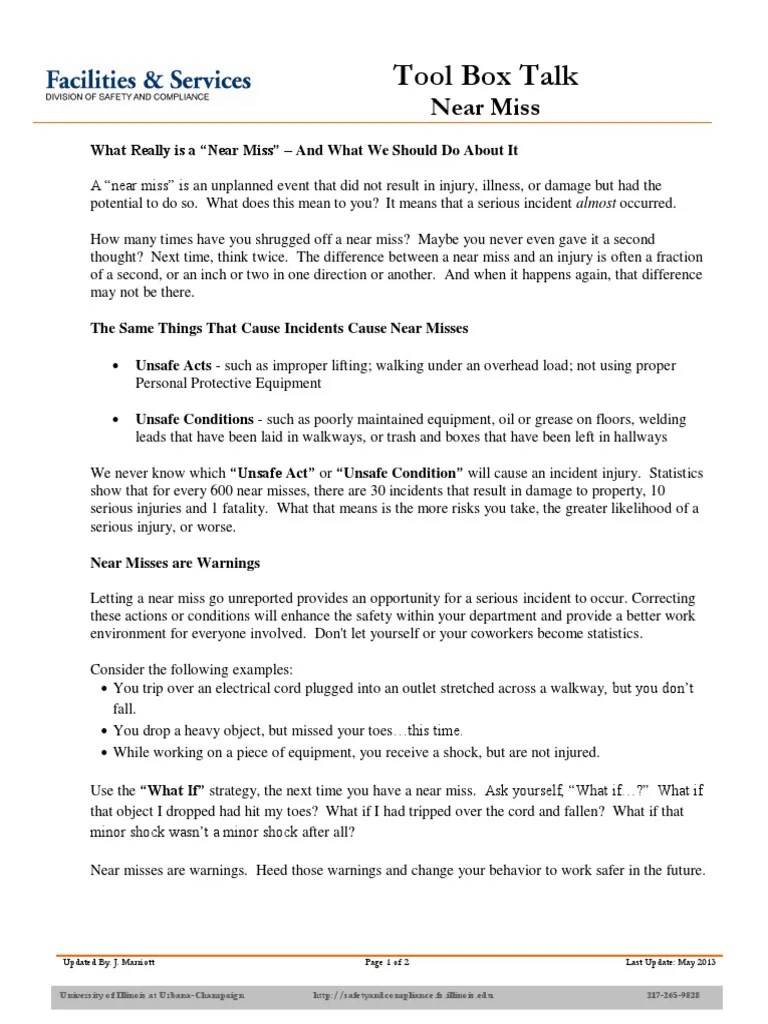 Tool Box Talk: Near Miss | PDF | Prevention | Safety