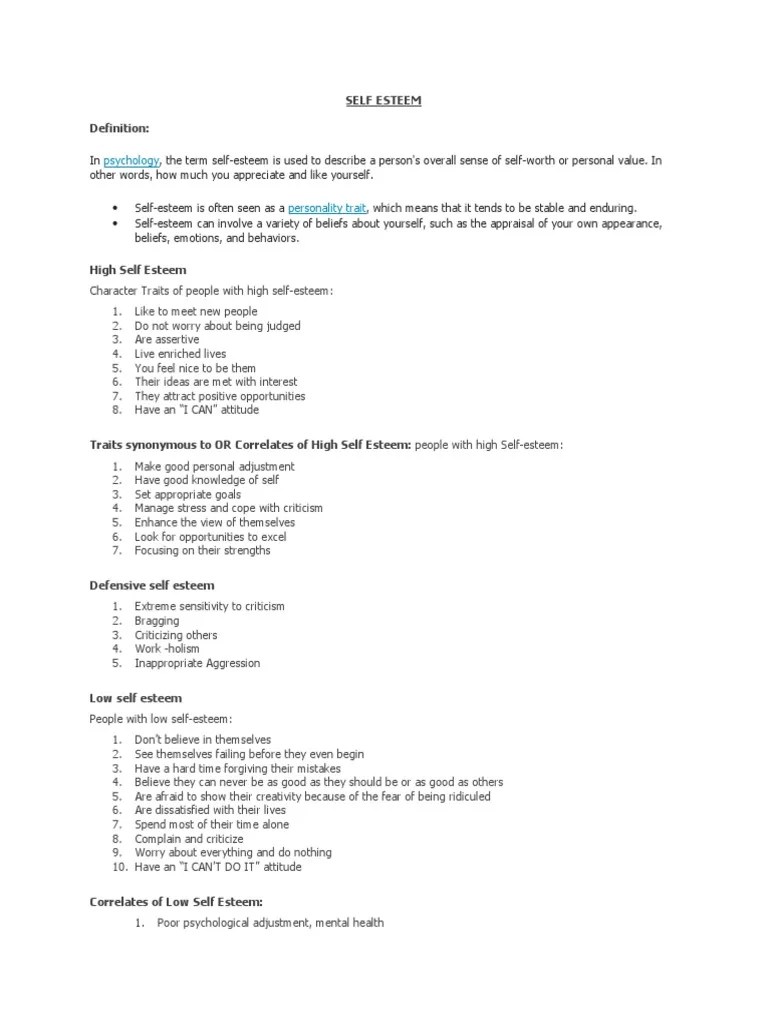 Psychology: Self Esteem Definition | PDF | Attitude (Psychology) | Aggression