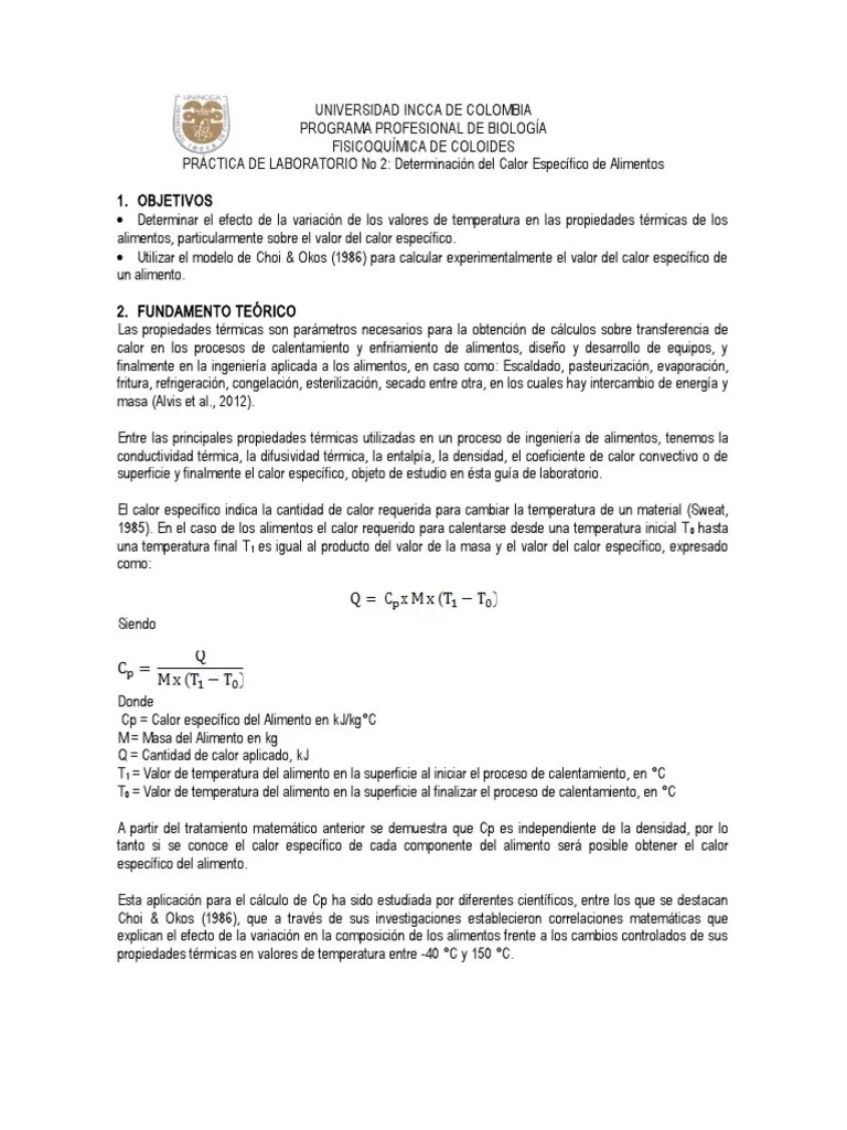 Lab No 2 Determinación De CP En Alimentos | PDF | Calor | Temperatura