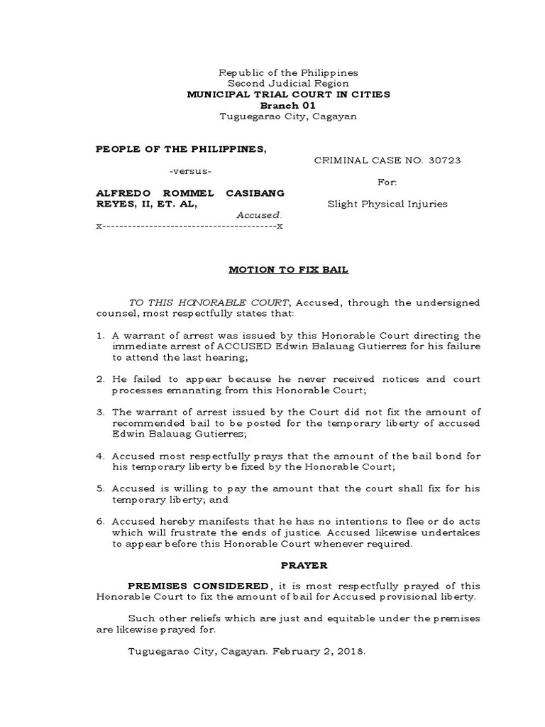 Motion To Set Bail Reyes Et Al | PDF | Bail | Arrest