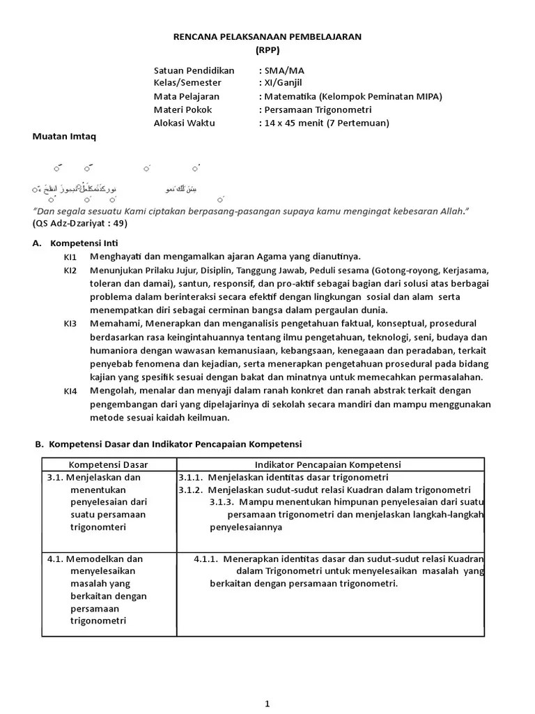 Latihan soal trigonometri kelas xi 1. Rpp Persamaan Trigonometri Sma Matematika Peminatan Kelas Xi Pdf
