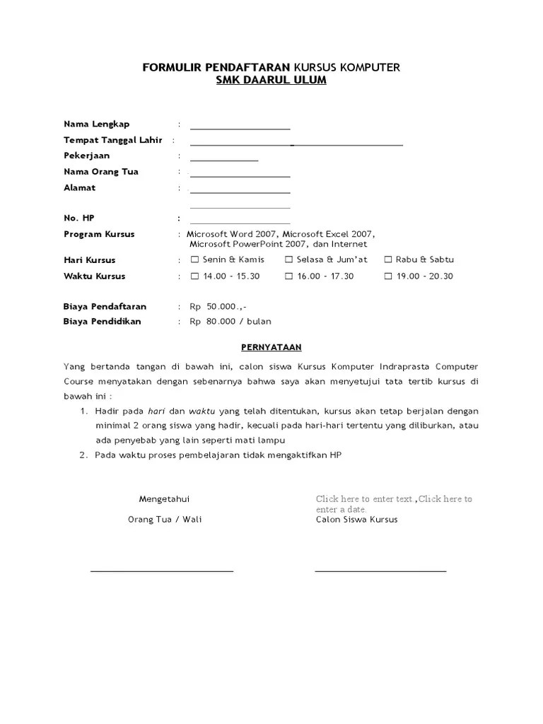 Formulir Pendaftaran Kursus Komputer Ind | PDF