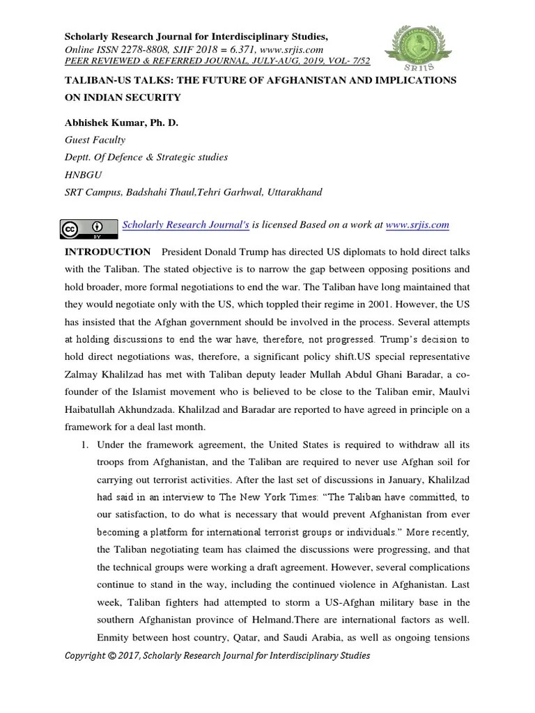 Taliban-Us Talks: The Future Of Afghanistan And Implications On Indian Security | PDF | Taliban ...