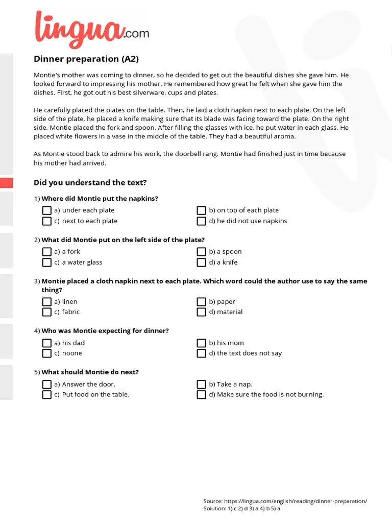 English Text Dinner Preparation | PDF