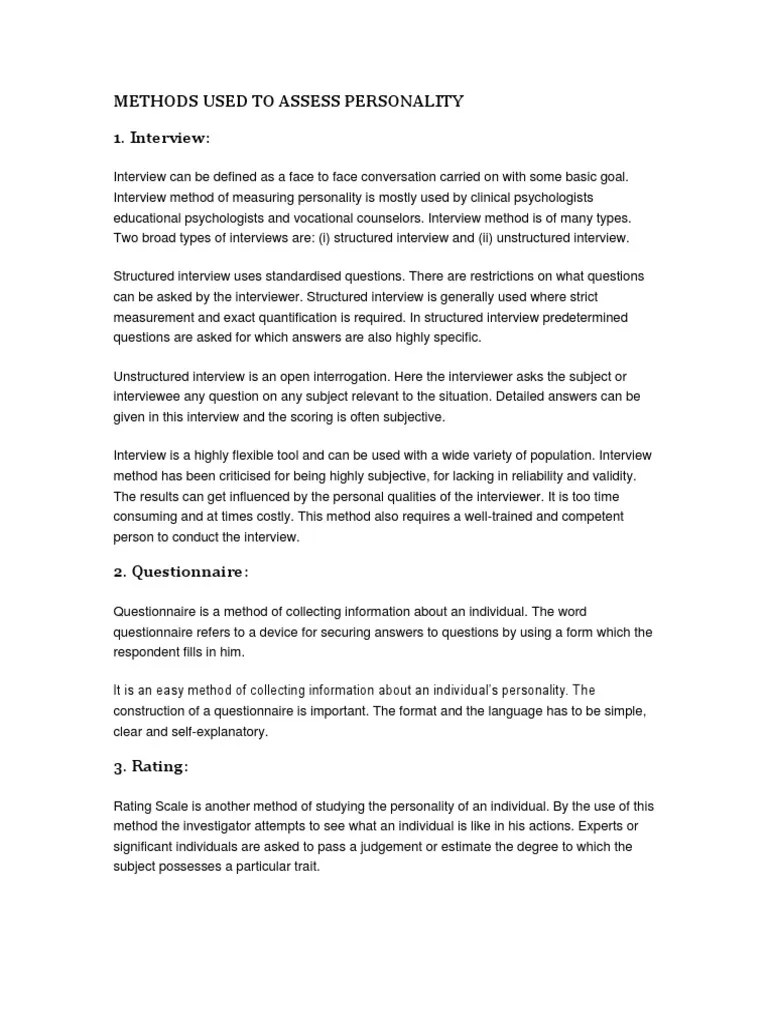 Methods Used To Assess Personality | PDF | Interview | Psychology