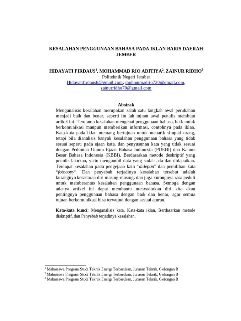 Artikel Ilmiah Kesalahan Penggunaan Bahasa Dalam Iklan Baris Daerah Jember  (PDF - Io) | PDF