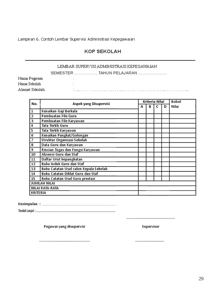 Laporan kegiatan administrasi sekolah (pimpinan, wali kelas, dan guru bidang 52 3) mengelola administrasi ketenagaan dengan memiliki . Instrumen Supervisi Tenaga Administrasi Sekolah Pdf
