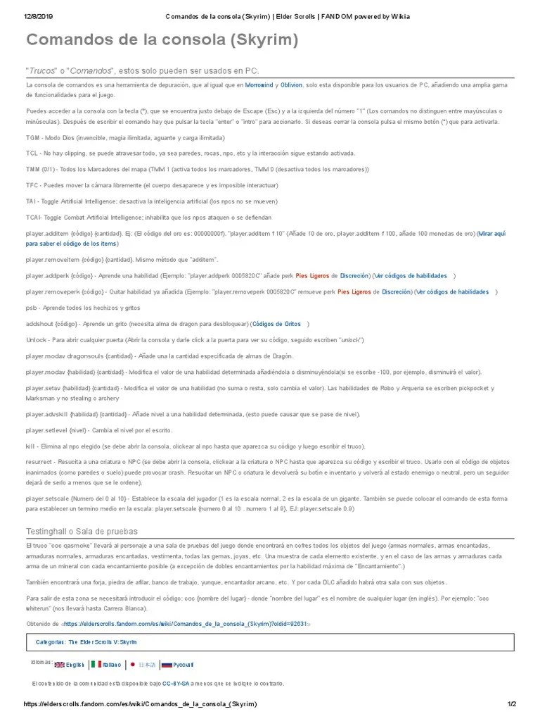 A Comprehensive Guide To The Console Commands In Skyrim | PDF | Videojuegos | Ocio