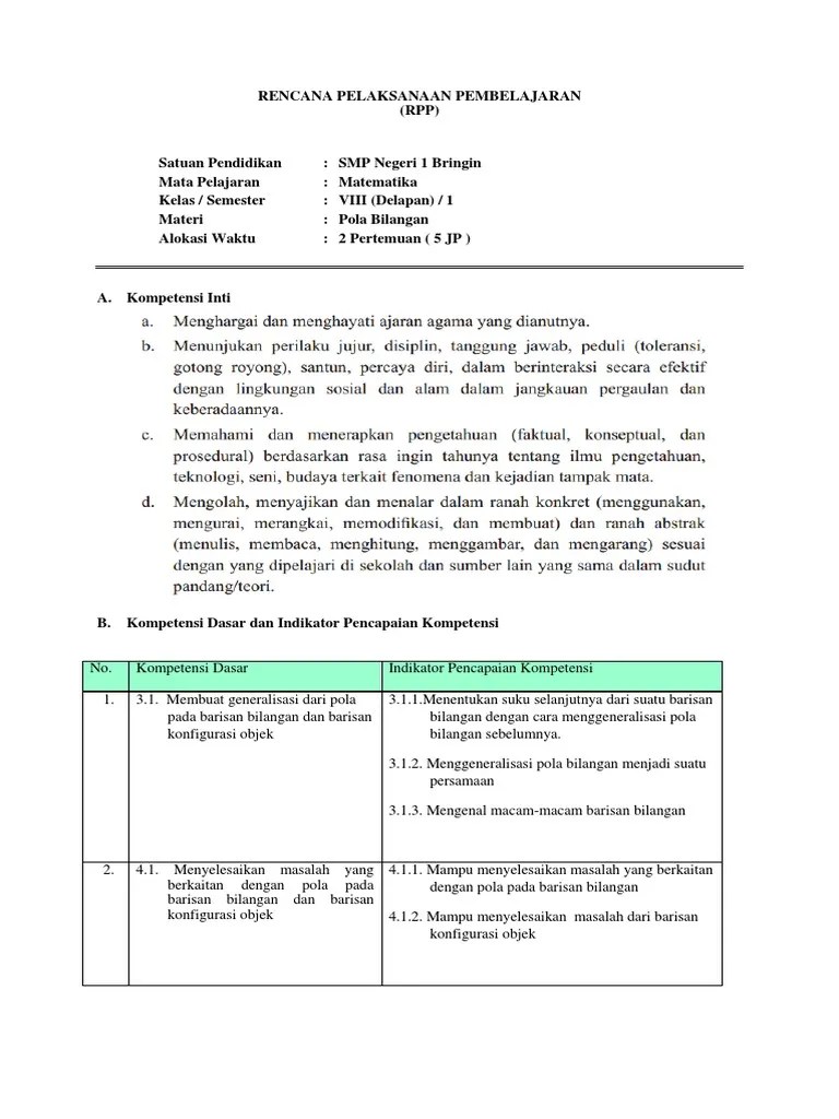 Rpp Matematika Kelas 8 Kurikulum 2013 Revisi 2017 Iki Guru 