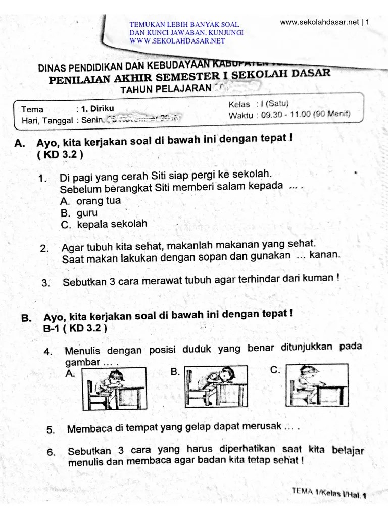 Soal Ulangan Kelas 1 Tema 1 - Diriku K13 PDF | PDF
