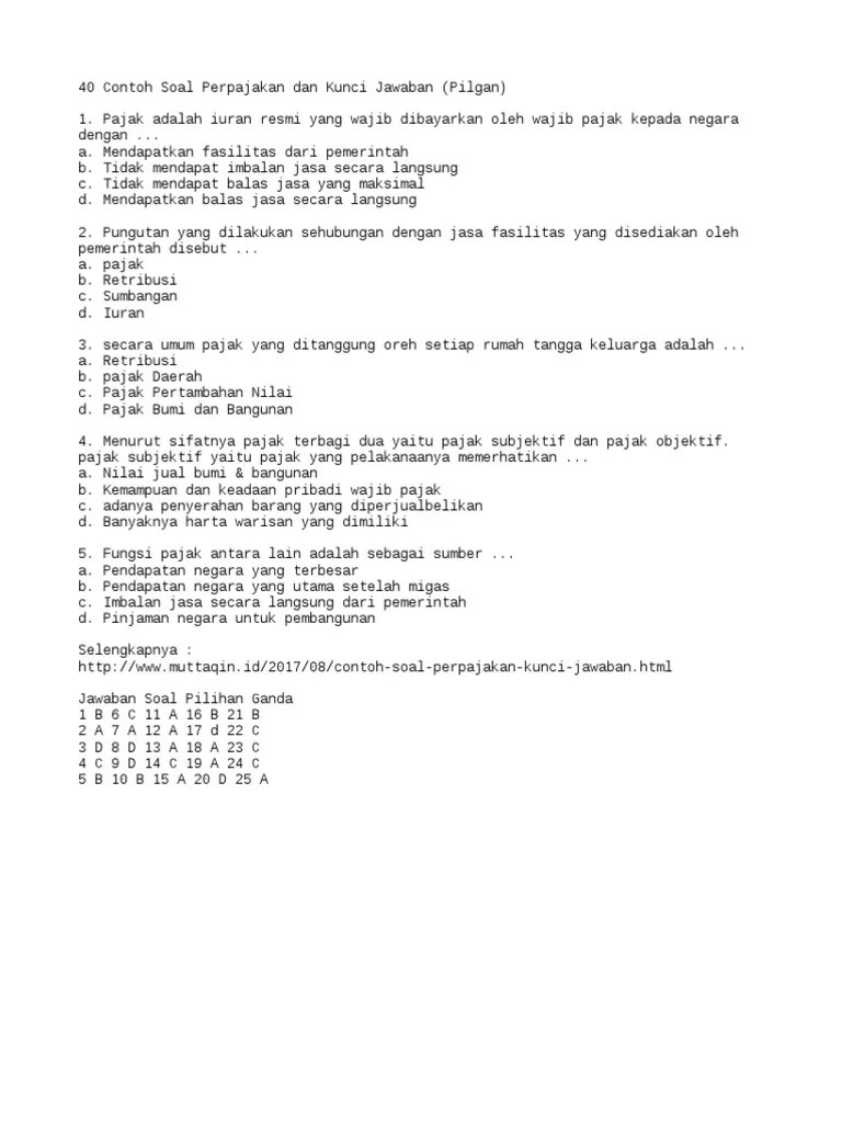 40 Contoh Soal Perpajakan Dan Kunci Jawaban (Pilgan) | PDF