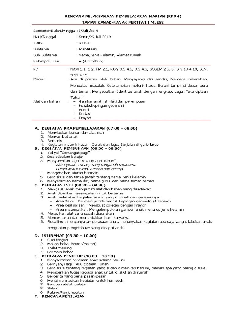 Contoh rkh rpph paud tema diri sendiri tubuhku k13 belajar. Rkh Paud Tema Diri Sendiri Subtema Kesukaanku