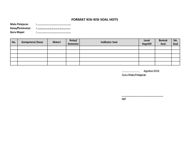 Pembelajaran dan penilaian berbasis hots (higher order thinking skills). Format Kisi Kisi Soal Hots Pdf