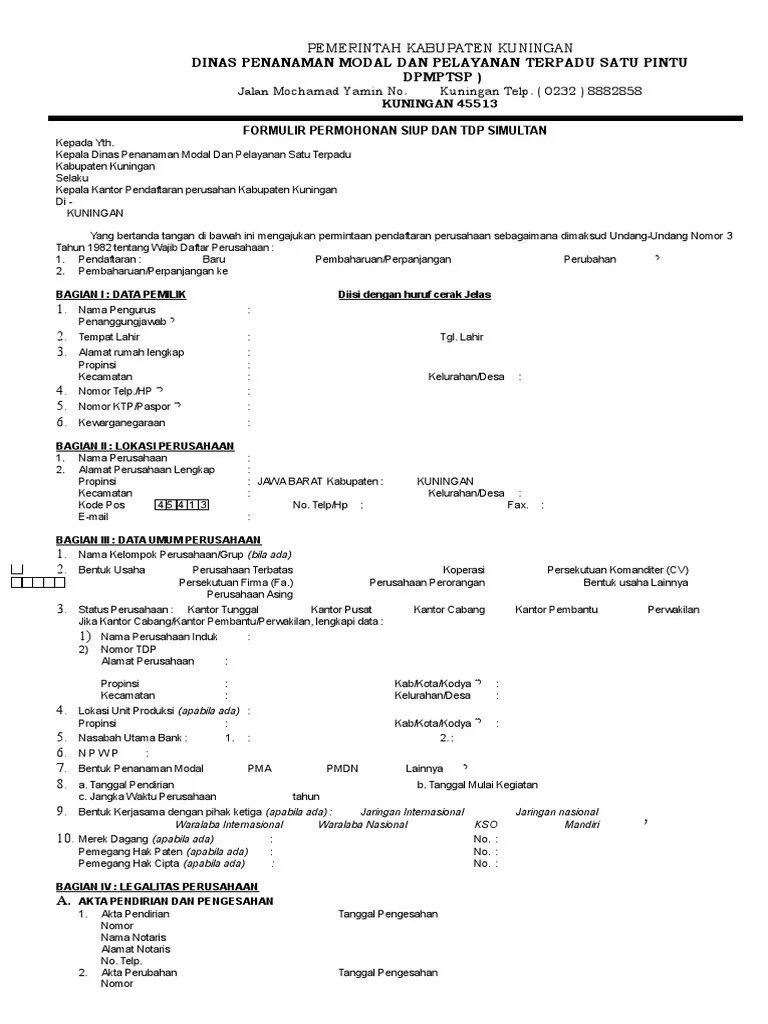 Formulir Permohonan Siup Dan TDP Simultan | PDF