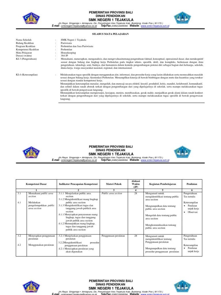 Terhadap departemen food & beverage : Silabus House Keeping Angga