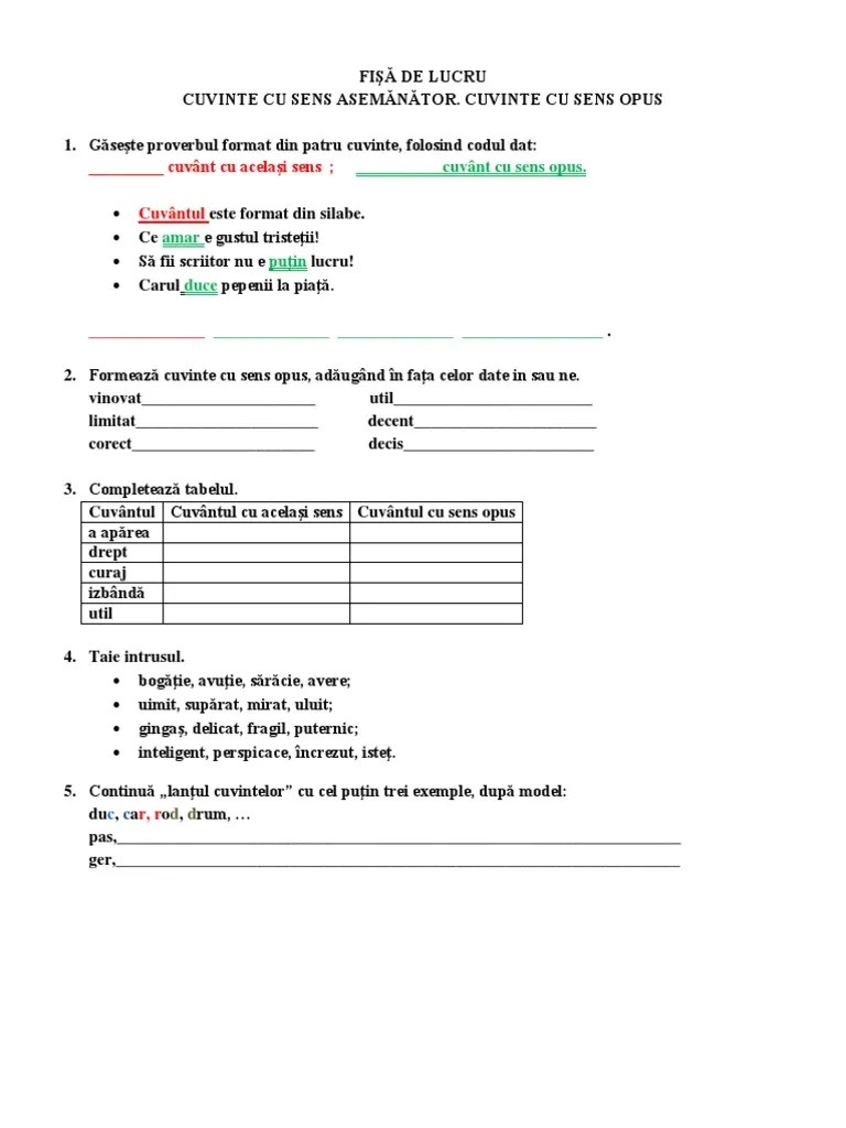 Cuvinte cu sens asemănător, cu sens opus și cu aceeași formă, dar sens diferit. Sens AsemÄƒnÄƒtor