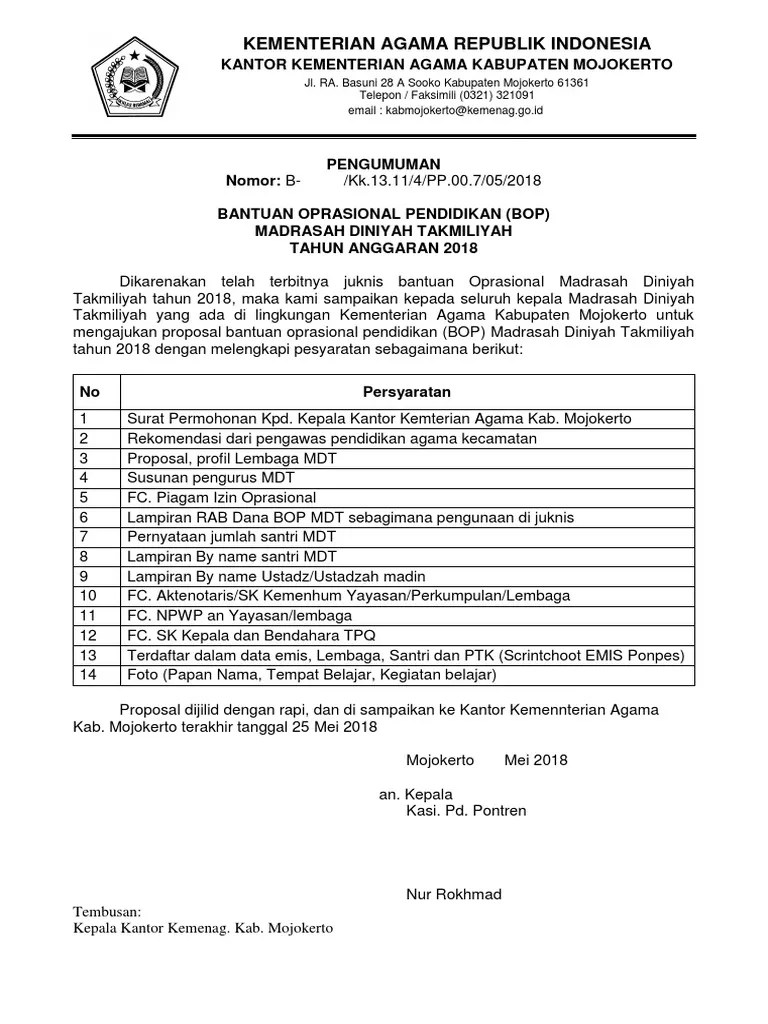 Keterangan untuk data tpq dan madin serta pondok yg non un sepertinya nanti setelah desember masih bisa. Pengumuman Bop Madin 18 Pdf