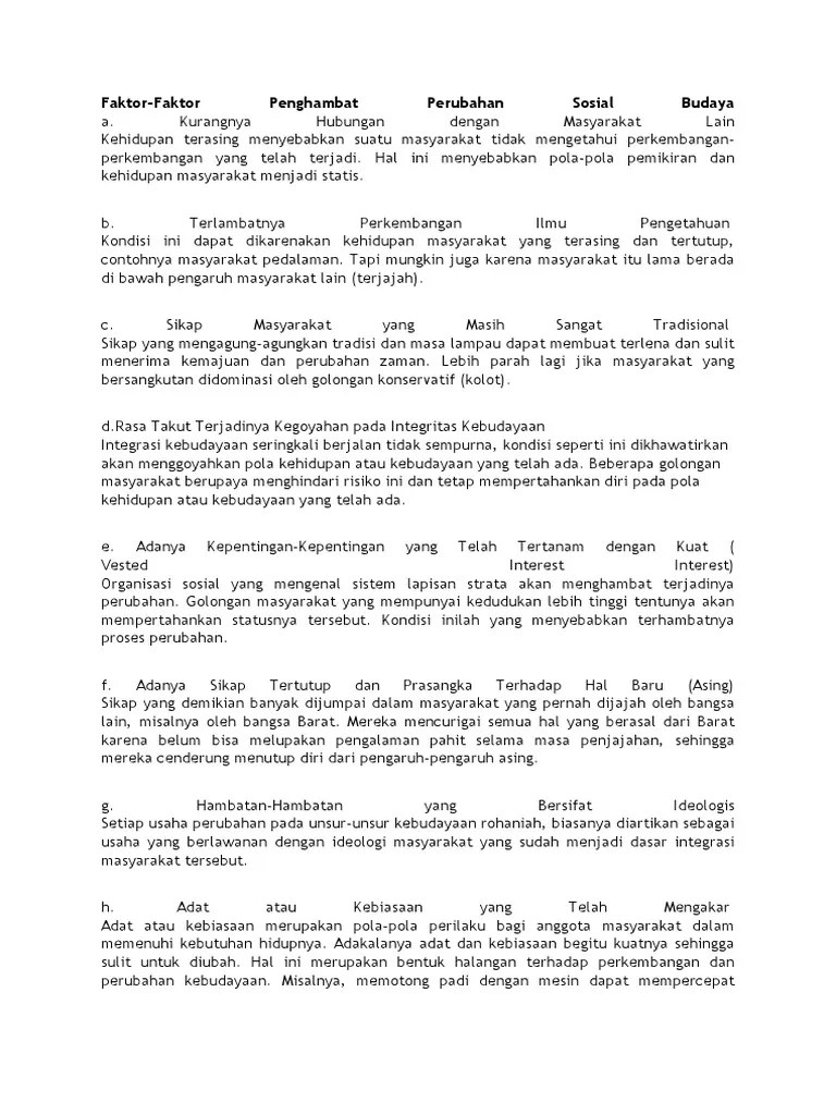 Solusi atas hambatan yang dihadapi oleh. Faktor Faktor Penghambat Perubahan Sosial Budaya Pdf