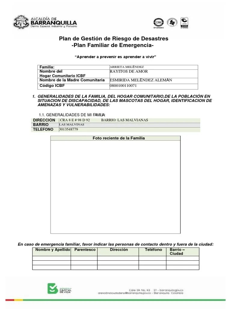 Plan De Gestion De Riesgo De Desastre - PLAN FAMILIAR DE EMERGENCIAS | PDF | Bienestar | Riesgo