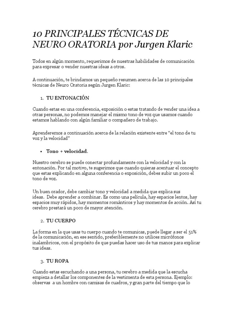 10 Principales Técnicas De Neuro Oratoria | PDF | Comunicación