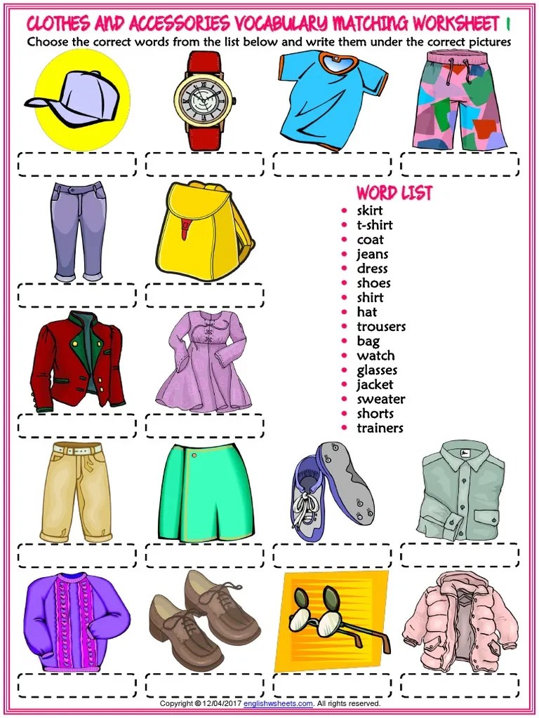 clothes and accessories vocabulary esl matching exercise worksheets for kids pdf sweater fashion accessories