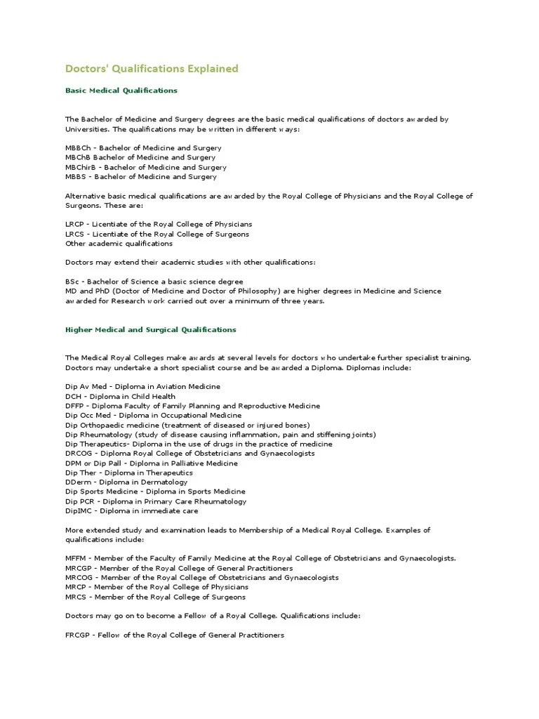 Doctors Qualifications Explained | PDF | Doctor Of Medicine | Physician