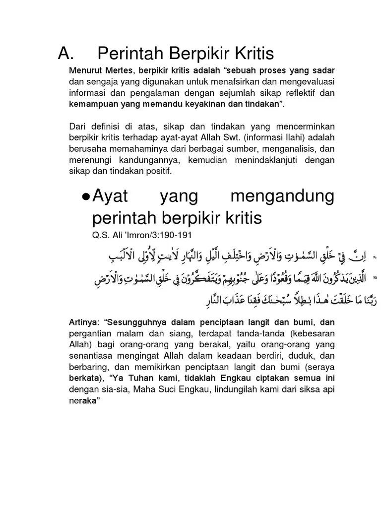 Peserta didik diminta mengerjakan soal evaluasi dengan benar. Berpikir Kritis Artinya
