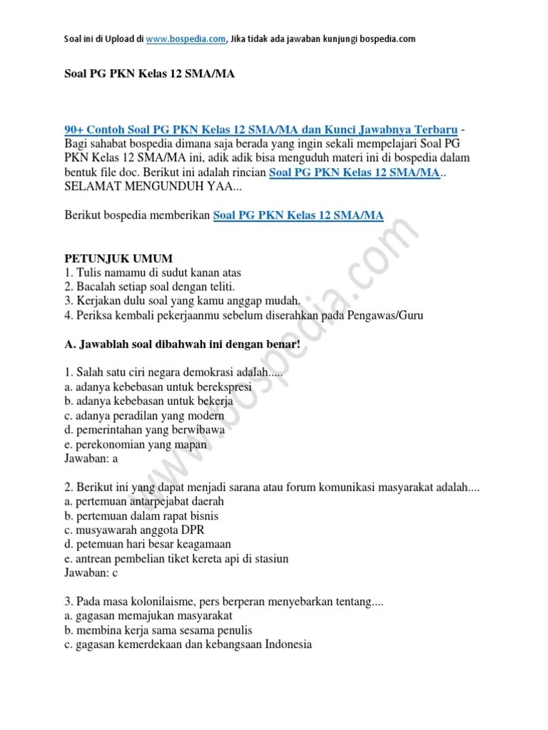90+ Contoh Soal PG PKN Kelas 12 SMA MA Dan Kunci Jawabnya | PDF
