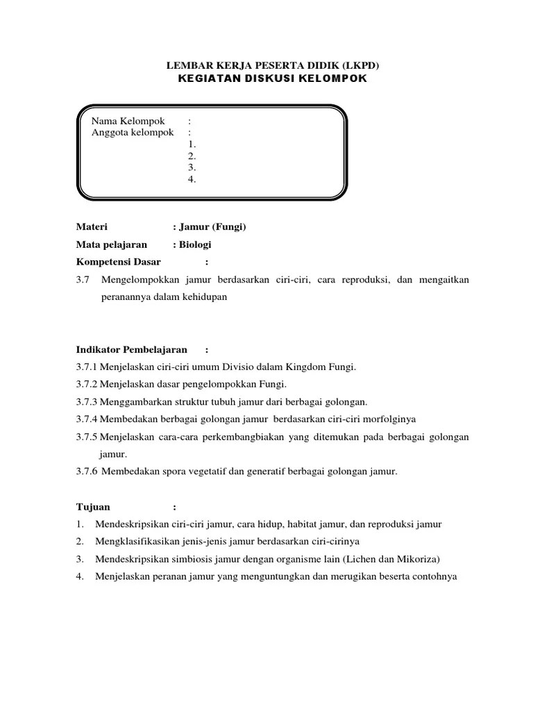 Pd rancangan pembelajaran biologi model problem based learning pbl disusun oleh nama. Lembar Kerja Peserta Didik Lkpd Jamur Pdf