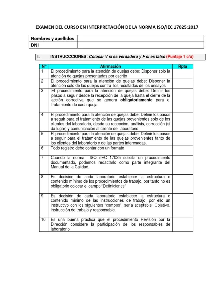 Examen Iso - Iec 17025-2017 | PDF | Laboratorios | Auditoría