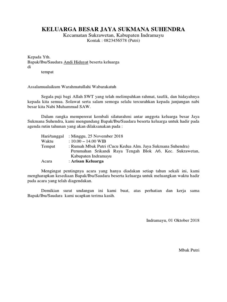 Surat undangan arisan merupakan salah satu jenis surat yang bersifat tidak resmi dan bersifat perseorangan untuk ditujukan kepada lingkungan . Contoh Surat Undangan Arisan Keluarga Pdf Info Wisata Hits